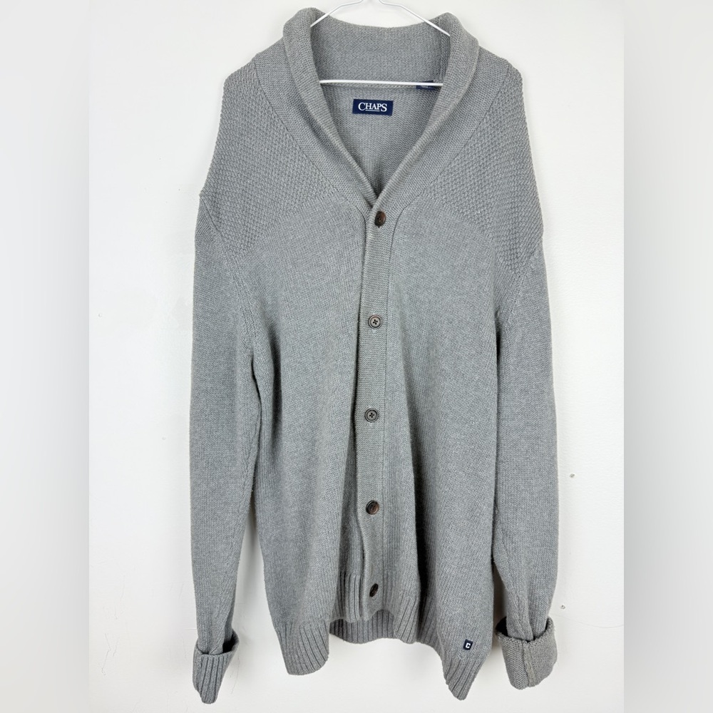 Chaps Gray Shawl Collar Button-Up Cardigan Men’s XXL Classic Preppy Cozy Vibes